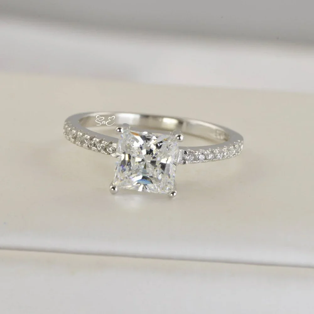 Certified 2.5 ct t.w. Princess Cut Moissanite Diamond Engagement Ring 4-10 - Picture 2 of 5